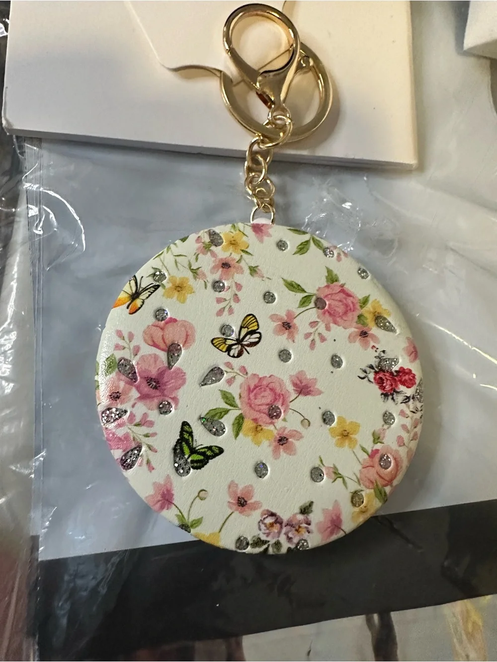 Source Unknown Floral Butterfly Compact Mirror Keychain - Pink & White